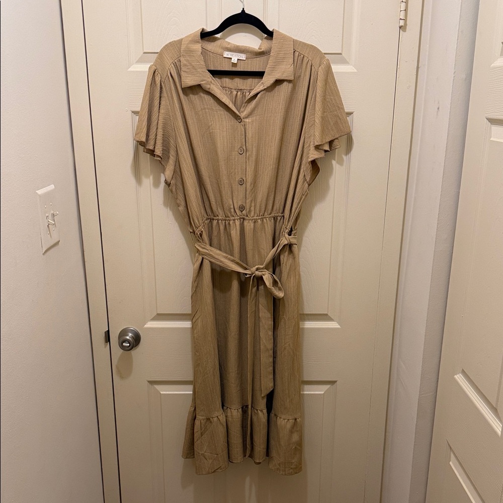 Elegant Tan Belted Midi Dress